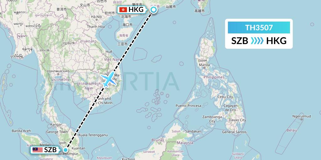 TH3507 Raya Airways Sdn. Bhd. dba Raya Airways Flight Map: Kuala Lumpur to Hong Kong
