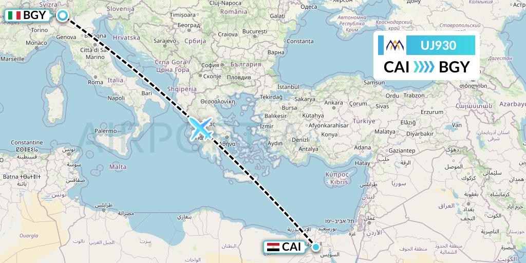 UJ930 AlMasria Universal Airlines Flight Map: Cairo to Milan
