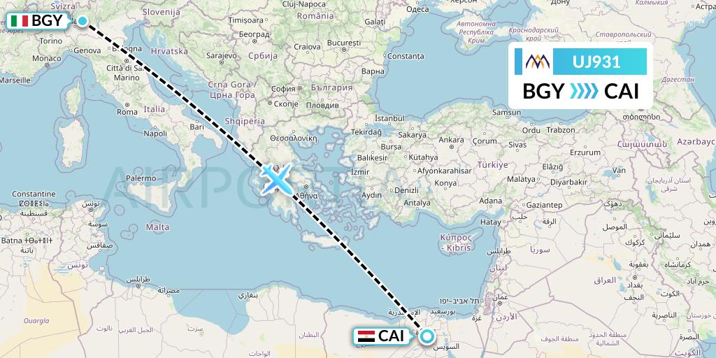 UJ931 AlMasria Universal Airlines Flight Map: Milan to Cairo