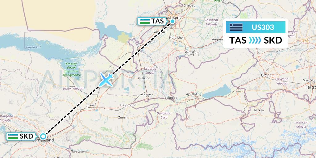 US303 US Airways Flight Map: Tashkent to Samarkand