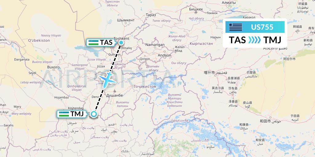 US755 US Airways Flight Map: Tashkent to Termez