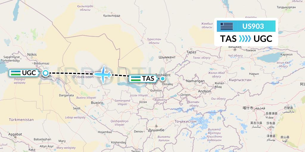 US903 US Airways Flight Map: Tashkent to Urgench
