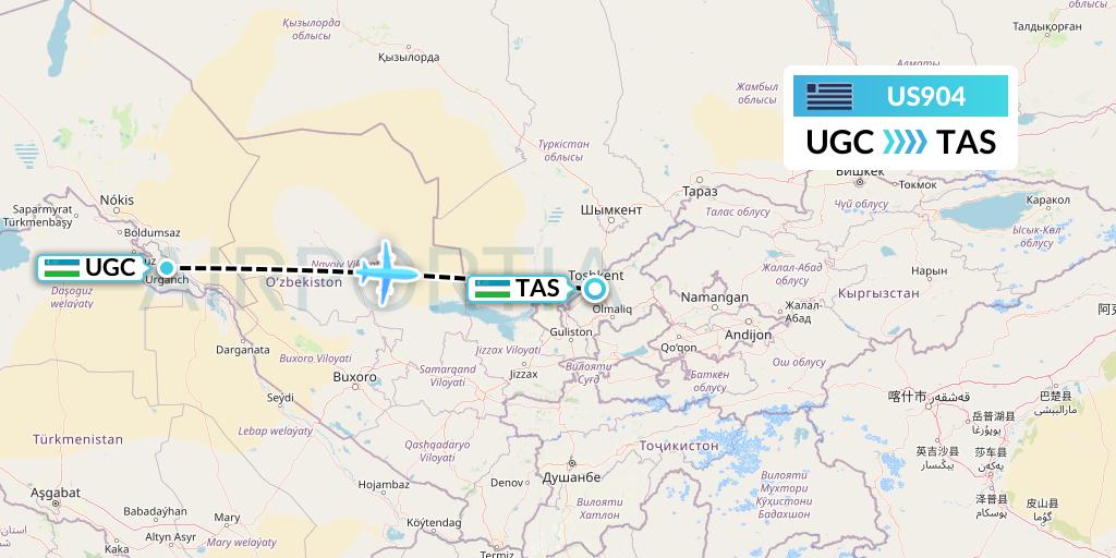 US904 US Airways Flight Map: Urgench to Tashkent