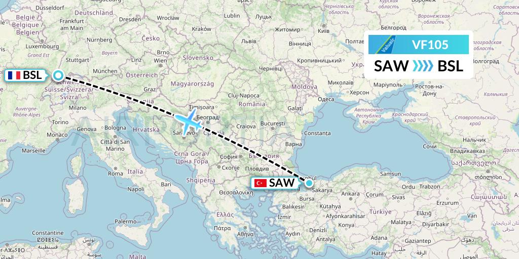 VF105 ValuAir Flight Map: Istanbul to Basel