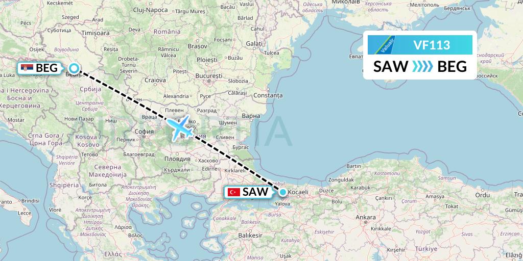 VF113 ValuAir Flight Map: Istanbul to Belgrade