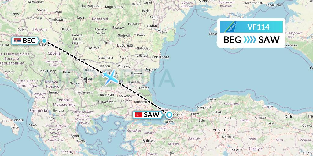 VF114 ValuAir Flight Map: Belgrade to Istanbul