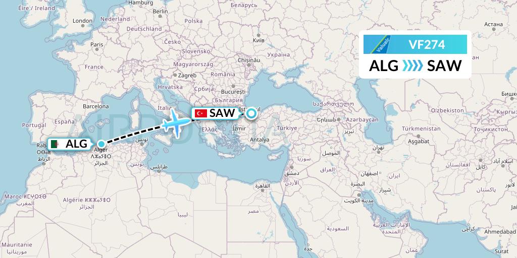 VF274 ValuAir Flight Map: Algiers to Istanbul
