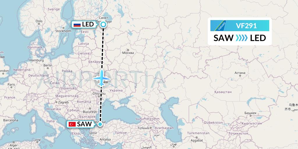 VF291 ValuAir Flight Map: Istanbul to St. Petersburg