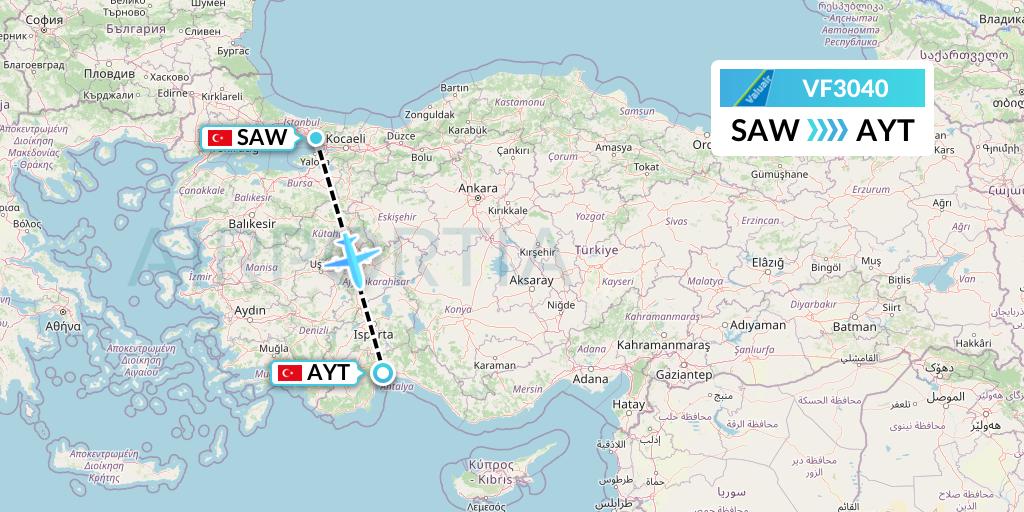 VF3040 ValuAir Flight Map: Istanbul to Antalya