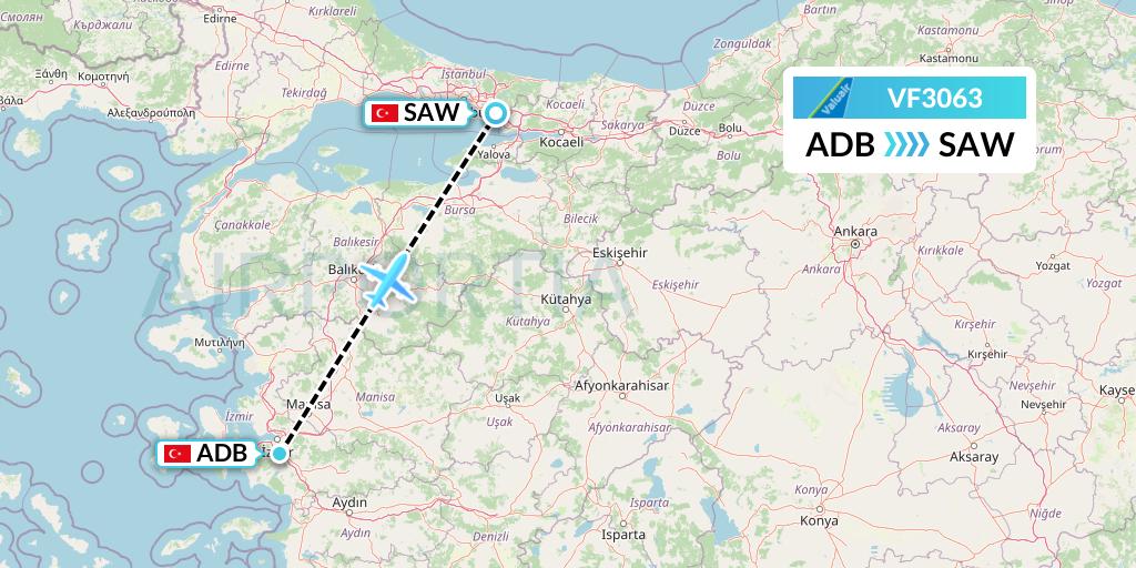 VF3063 ValuAir Flight Map: Izmir to Istanbul