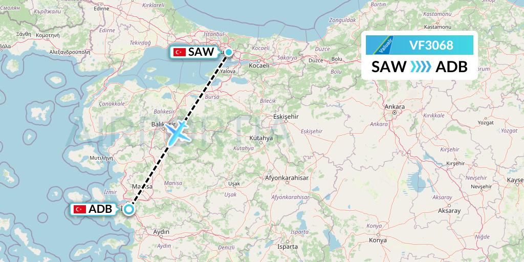 VF3068 ValuAir Flight Map: Istanbul to Izmir