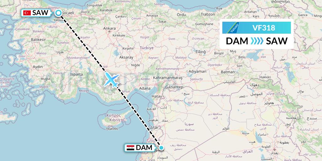 VF318 ValuAir Flight Map: Damascus to Istanbul