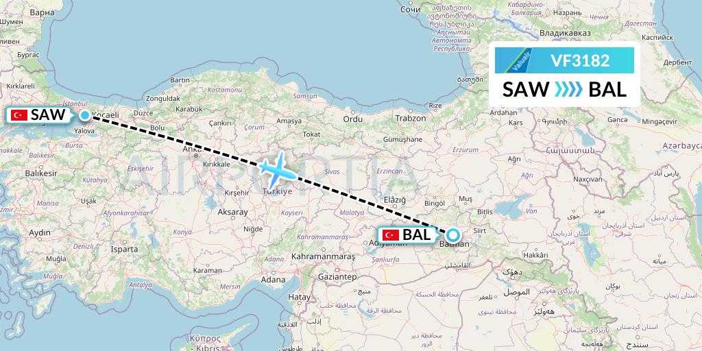 VF3182 ValuAir Flight Map: Istanbul to Batman