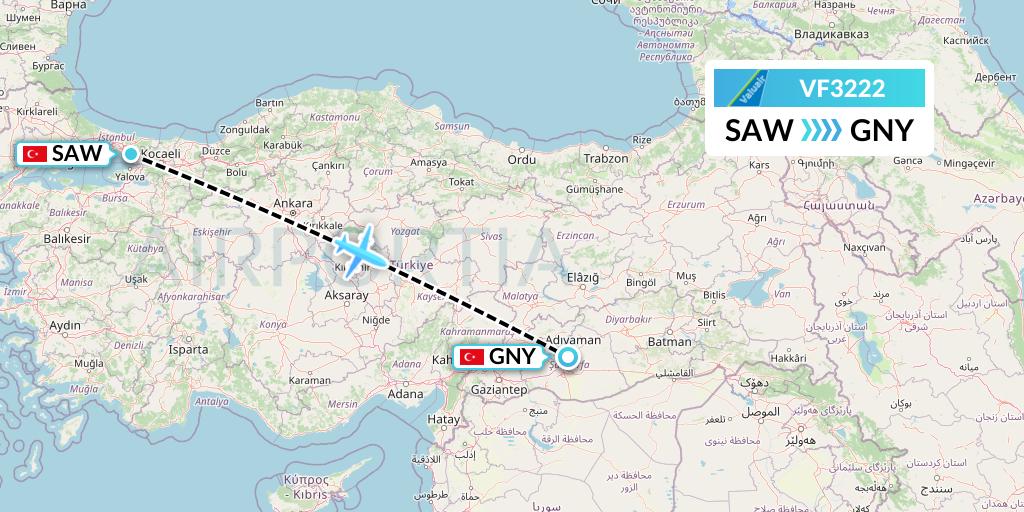 VF3222 ValuAir Flight Map: Istanbul to Sanliurfa