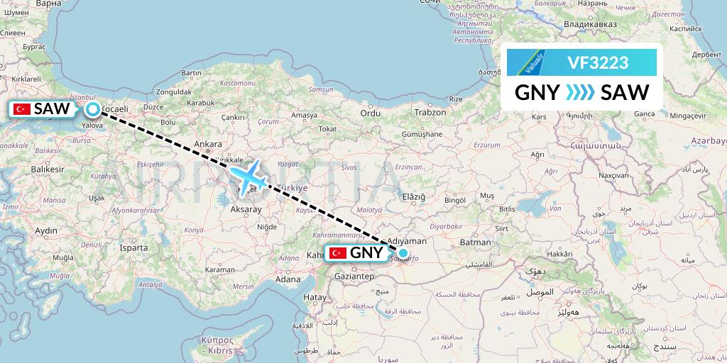 VF3223 ValuAir Flight Map: Sanliurfa to Istanbul
