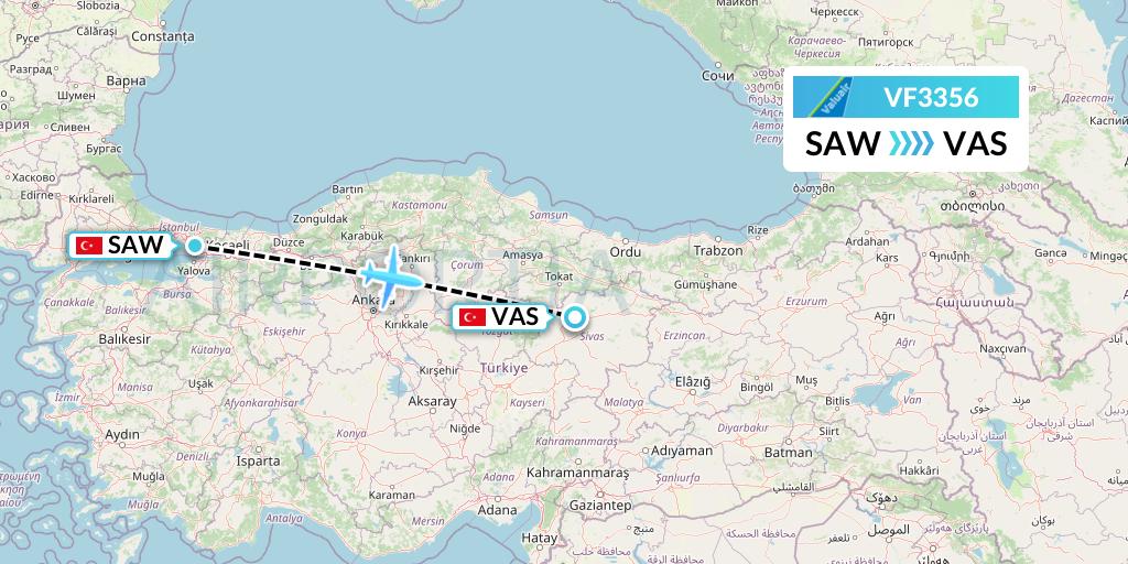VF3356 ValuAir Flight Map: Istanbul to Sivas