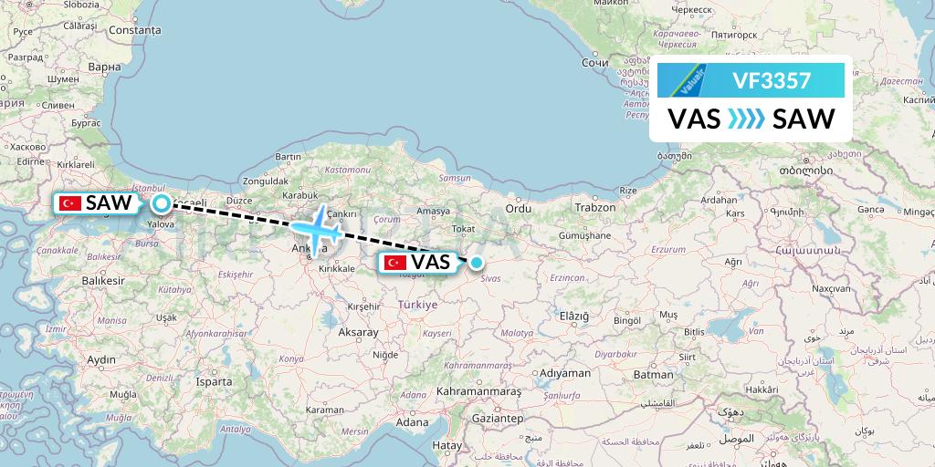 VF3357 ValuAir Flight Map: Sivas to Istanbul