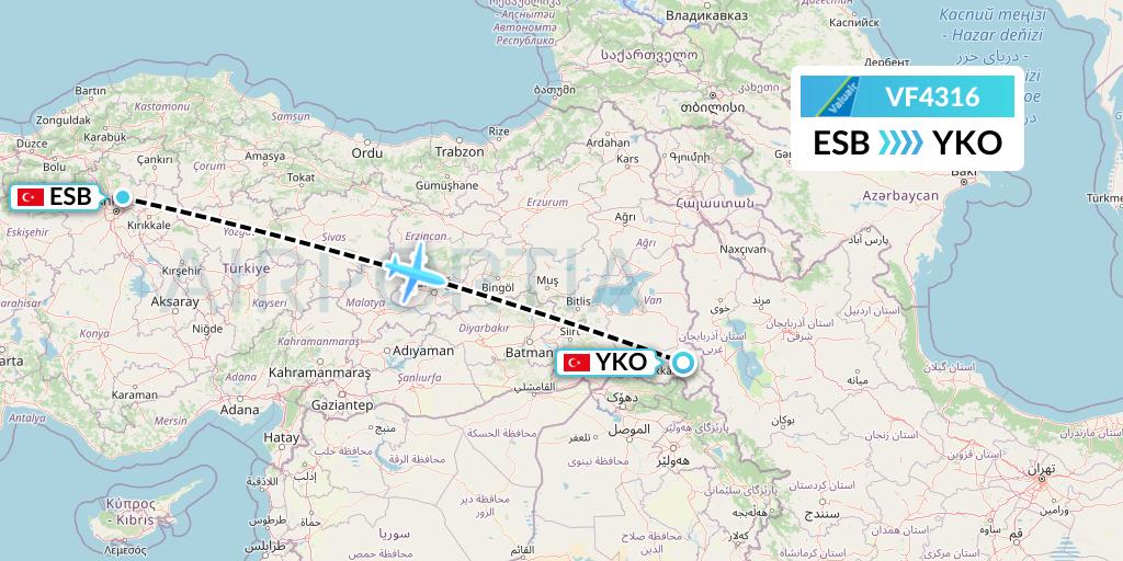 VF4316 ValuAir Flight Map: Ankara to Sirnak