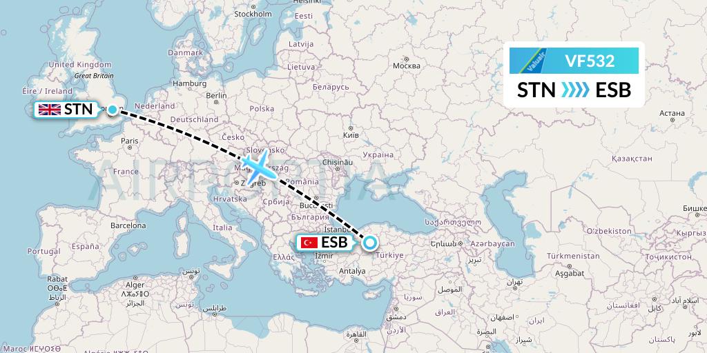 VF532 ValuAir Flight Map: London to Ankara