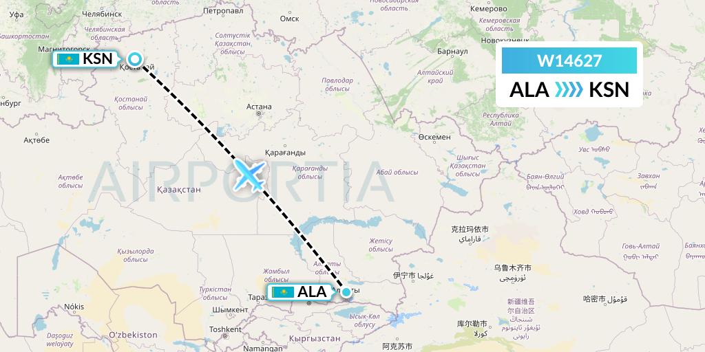 W14627 World Ticket Ltd Flight Map: Almaty to Kostanay