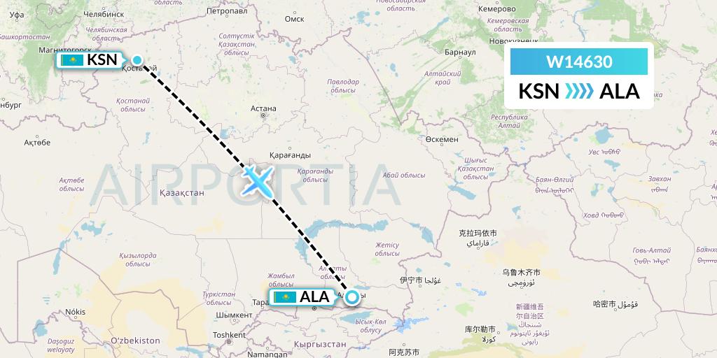 W14630 World Ticket Ltd Flight Map: Kostanay to Almaty