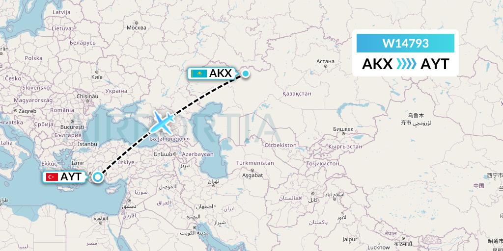 W14793 World Ticket Ltd Flight Map: Aktobe to Antalya