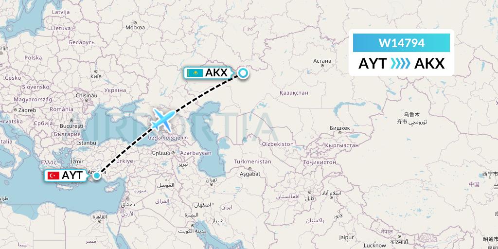 W14794 World Ticket Ltd Flight Map: Antalya to Aktobe