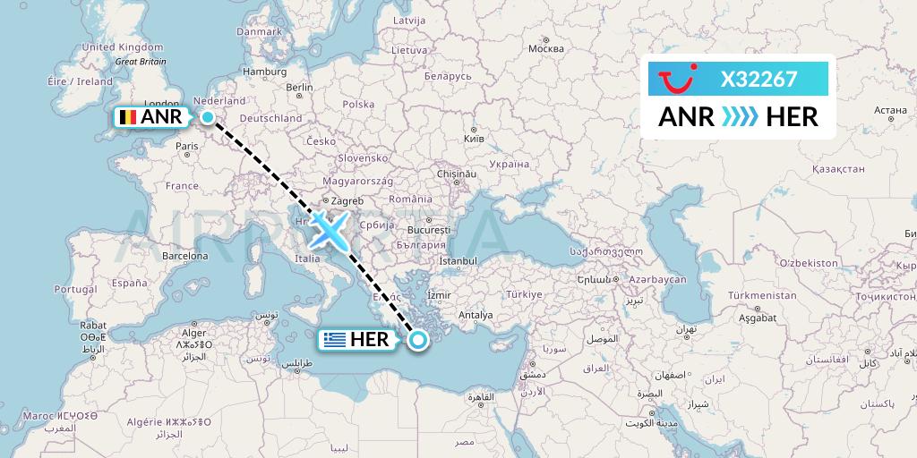 X32267 TUI fly Germany Flight Map: Antwerp to Heraklion