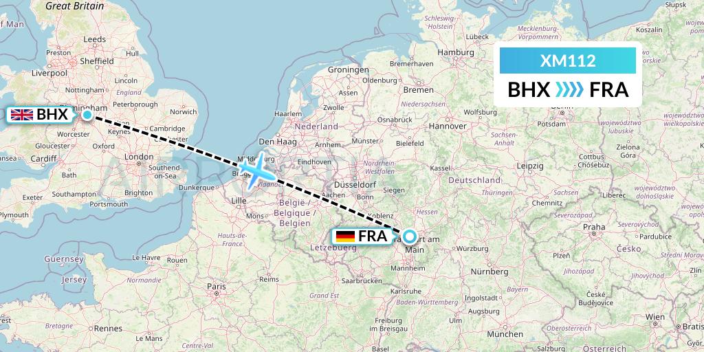XM112 Zimex Aviation Ltd Flight Map: Birmingham to Frankfurt