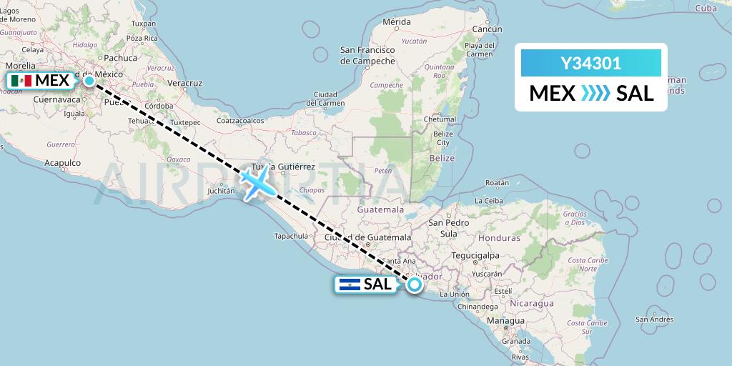 Y34301 Gryphon Airlines Flight Map: Mexico City to San Salvador