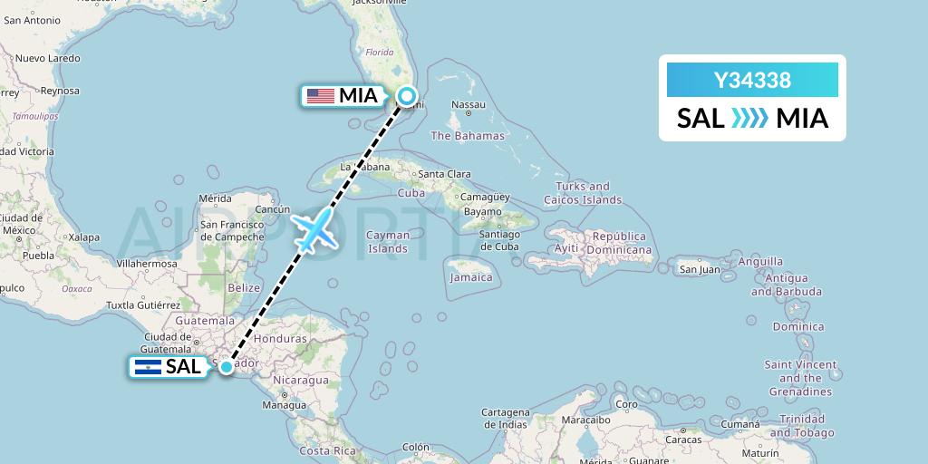 Y34338 Gryphon Airlines Flight Map: San Salvador to Miami