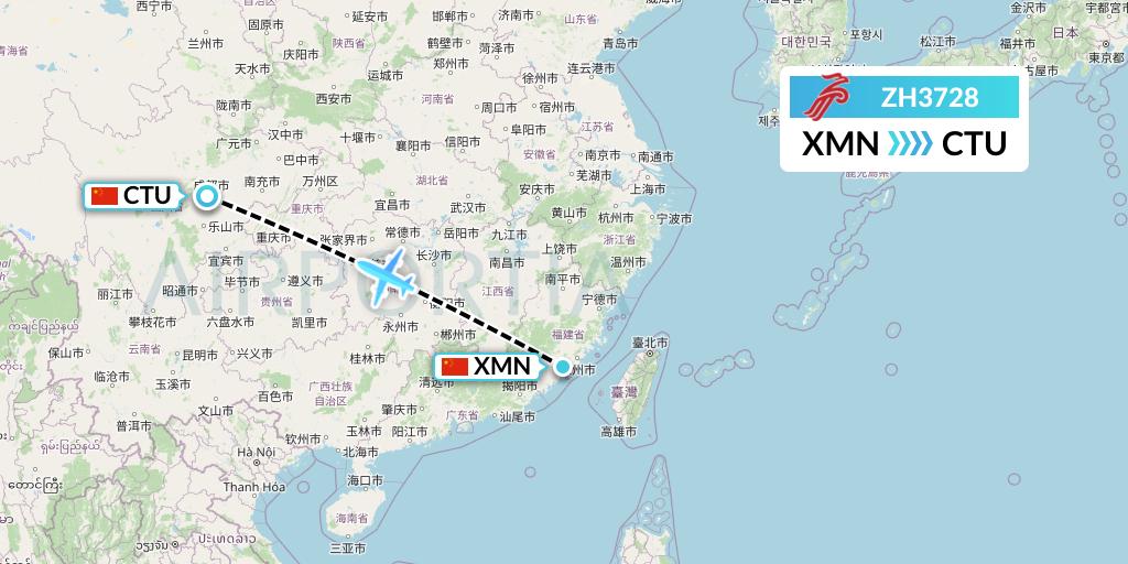 ZH3728 Shenzhen Airlines Flight Map: Xiamen to Chengdu