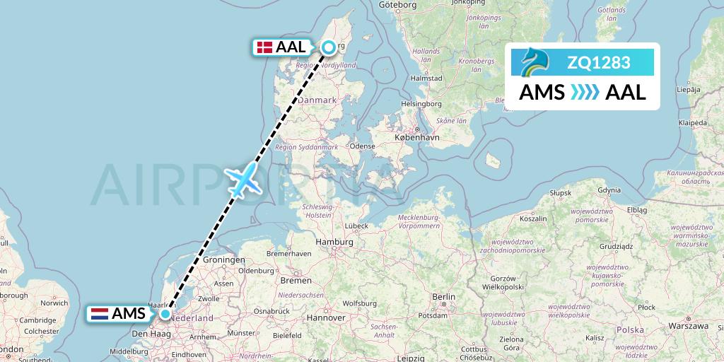 ZQ1283 Azman Air Flight Map: Amsterdam to Aalborg