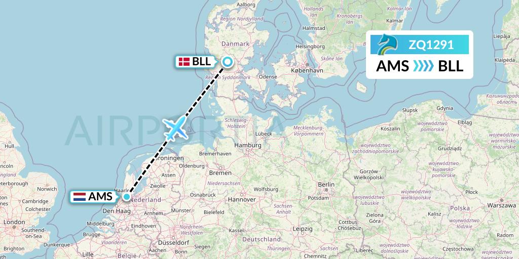 ZQ1291 Azman Air Flight Map: Amsterdam to Billund