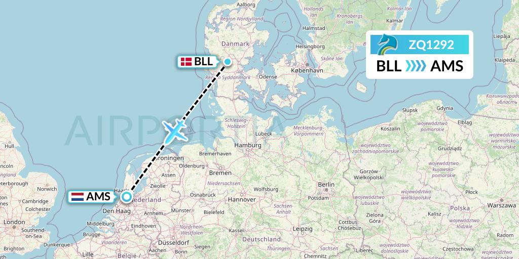 ZQ1292 Azman Air Flight Map: Billund to Amsterdam