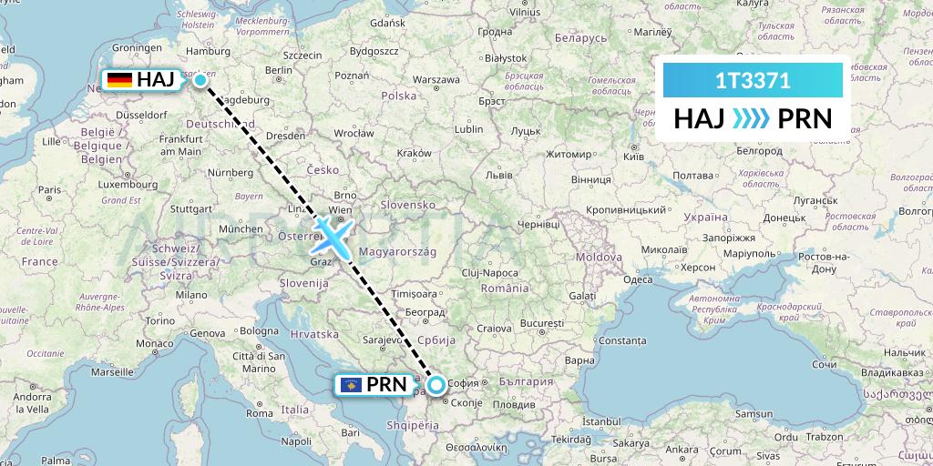 1T3371 Russian Sky Flight Map: Hannover to Pristina