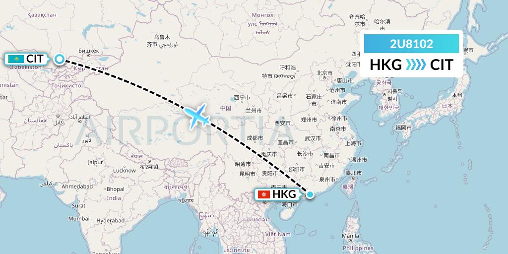 2U8102 Sun d'Or International Airlines Flight Map: Hong Kong to Shymkent