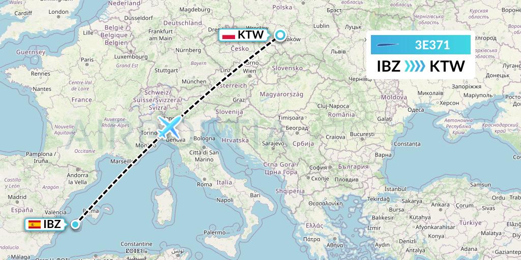 3E371 Air Choice One Flight Map: Ibiza to Katowice