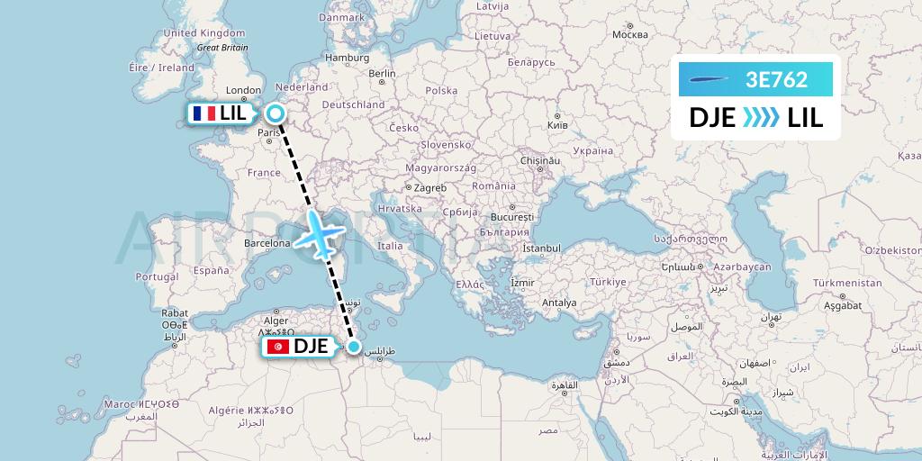 3E762 Air Choice One Flight Map: Djerba to Lille