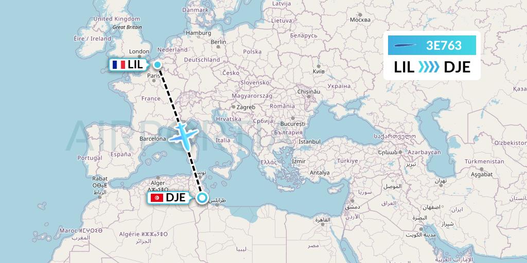 3E763 Air Choice One Flight Map: Lille to Djerba