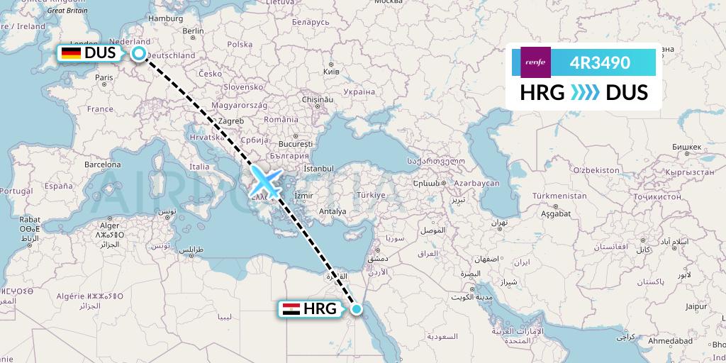 4R3490 Northern Thurderbird Air Flight Map: Hurghada to Dusseldorf