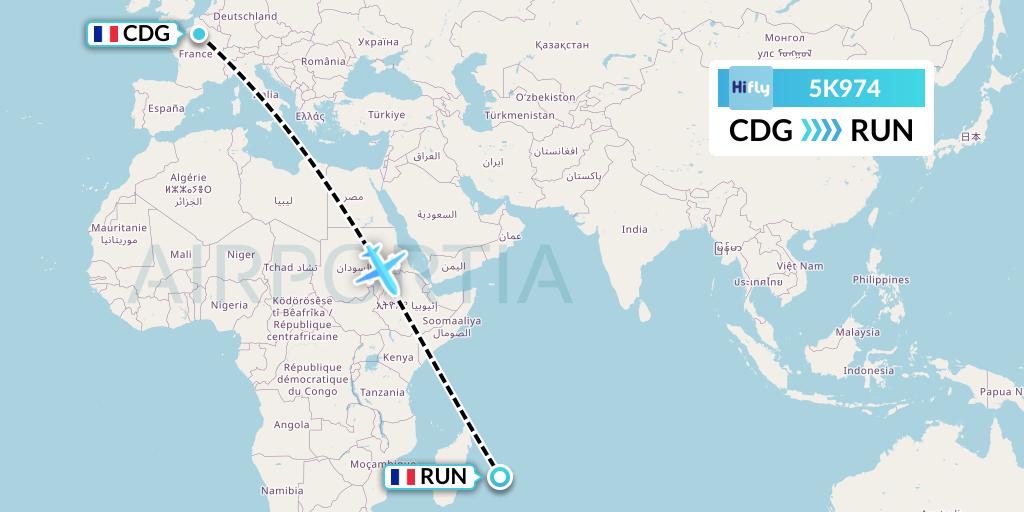 5K974 Hi Fly Flight Map: Paris to Saint-Denis