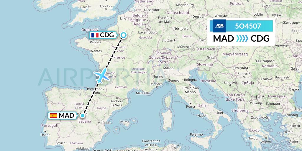 5O4507 ASL Airlines France Flight Map: Madrid to Paris