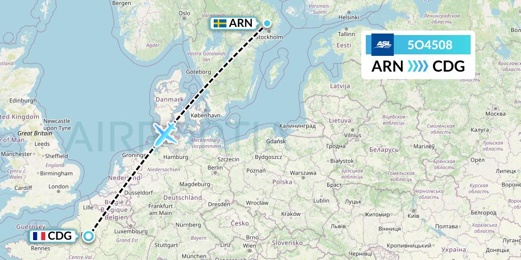 5O4508 ASL Airlines France Flight Map: Stockholm to Paris