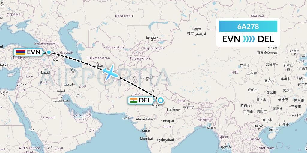 6A278 Armenia Airways Aircompany CJSC Flight Map: Yerevan to Delhi