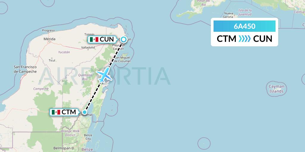 6A450 Armenia Airways Aircompany CJSC Flight Map: Chetumal to Cancun