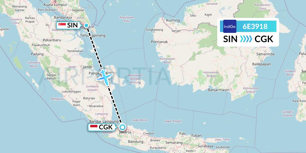 6E3918 IndiGo Airlines Flight Map: Singapore to Jakarta