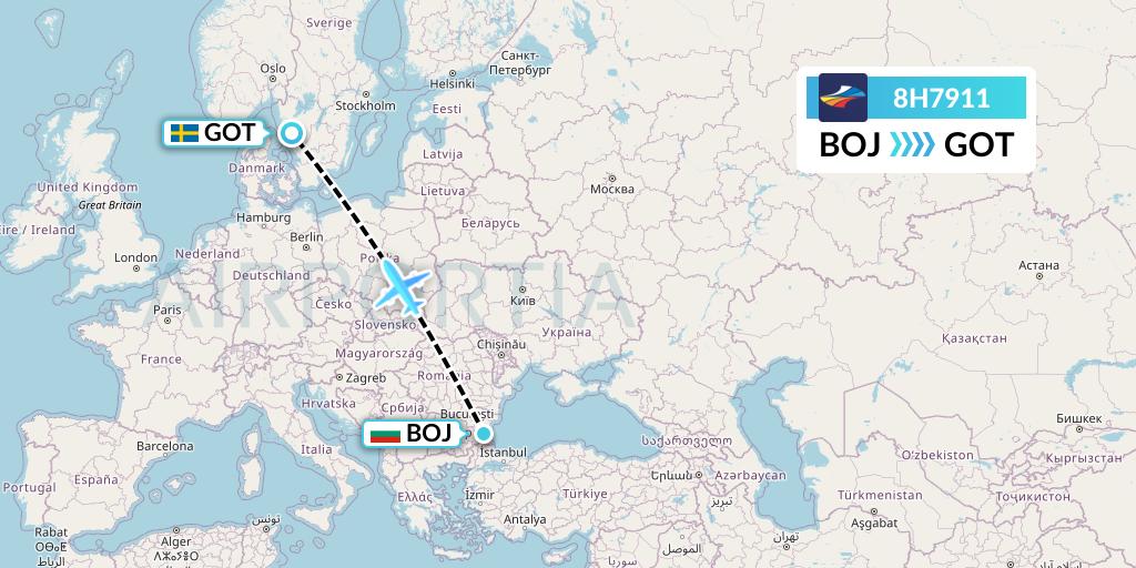 8H7911 BH Air Flight Map: Burgas to Gothenburg