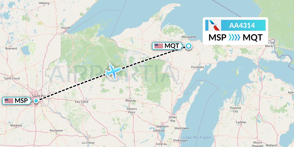 AA4314 American Airlines Flight Map: Minneapolis to Marquette
