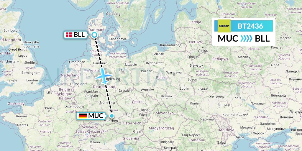BT2436 Air Baltic Flight Map: Munich to Billund